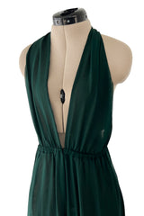 Incredible circa 1973 Halston Couture Green Silk Chiffon Backless & Plunging FrontJumpsuit