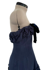 Incredible 1980s Hubert de Givenchy Haute Couture Strapless Blue Matte Silk Dress w Velvet Bow Detailing