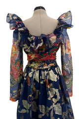 Prettiest 1960s Oscar de la Renta Metallic Thread Detailed Silk Organza Printed Off Shoulder Dress
