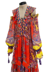 Recent Etro Gorgeous Printed Coral Ribbon Silk Chiffon Caftan Dress w Plunge Lace Up Neckline