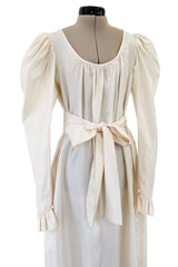 Amazing 1970s Yves Saint Laurent Silk Ivory Full Tent Dress w Belt, Ruffled Edges & Full Sleeves
