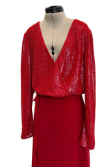 Stunning Fall 1998-99 Giorgio Armani Red Beaded & Sequin Long Skirt & Wrap Top Dress Set