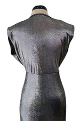 Fantastic 1990s Gianni Versace Metallic Silver Stretch Jersey Dress w Front Plunge & Long Tie