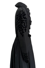 Early 1980s Louis Feraud Black Silk Tafetta Dress w Puff Shoulder Sleeves & Velvet Detailing
