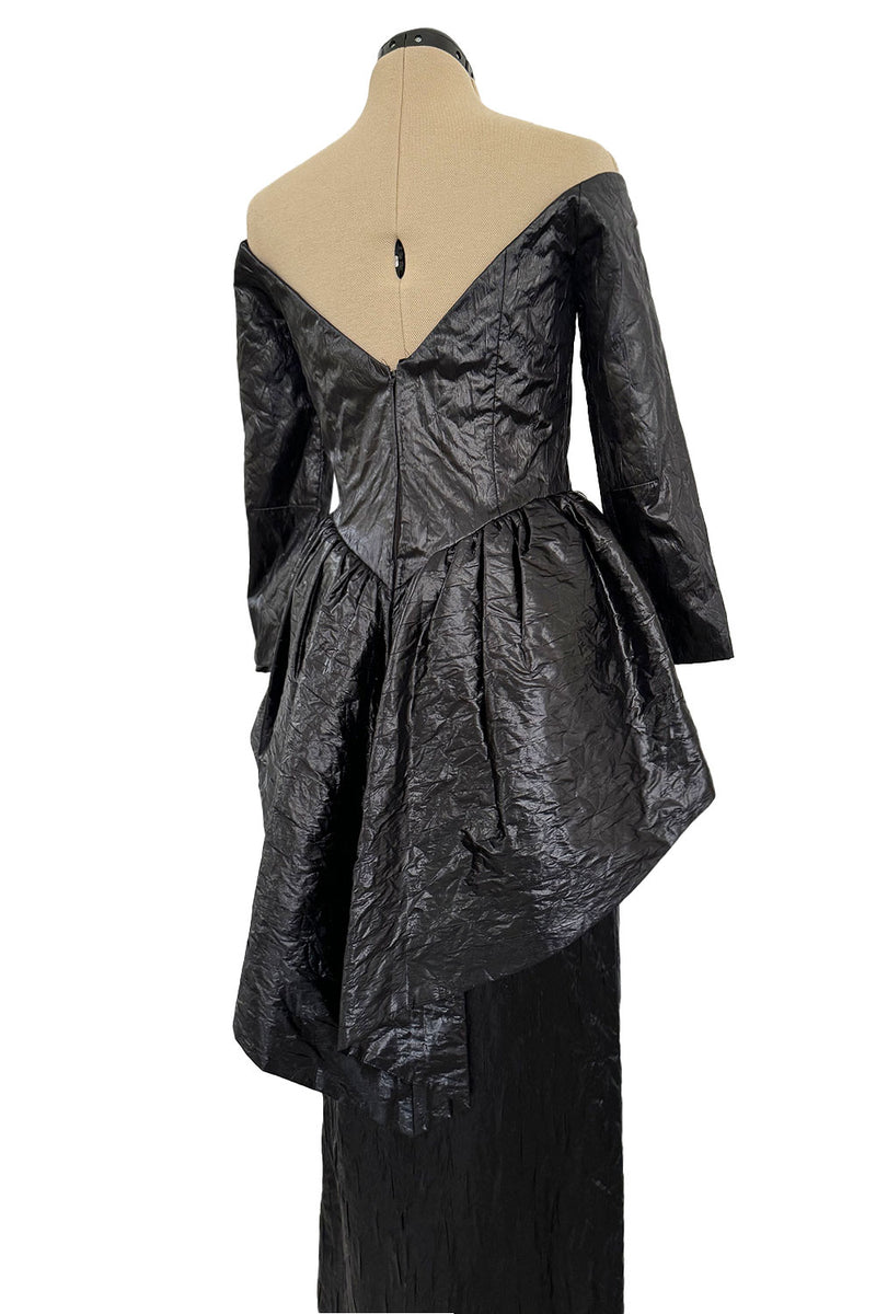Glamourous 1980s Loris Azzaro Black Off Shoulder Leather Look Dress w Hip Peplum
