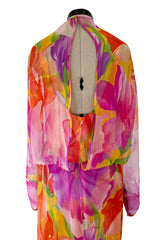 Extraordinary 1970s James Galanos Couture Floral Print Silk Chiffon Dress w Beaded Butterfly Detailing