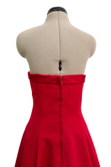 Prettiest 1980s Victor Costa Clear Red Strapless Dress w Full Skirt & Underskirts & Large Rhinestone Dome Buttons