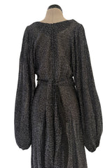 Fabulous 1970s Ossie Clark Metallic Silver & Black Lurex Knit Lame Plunge Dress