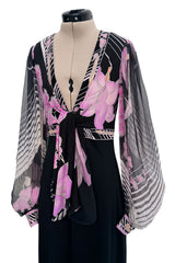 Prettiest 1970s Leonard Paris Printed Silk & Black Jersey Dress w Plunge Front & Silk Chiffon Sleeves
