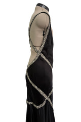 Outstanding Fall 2004 Alexander McQueen Bias Cut Black Silk Dress w Bare Back & Silver Thread Ribbon Detailing