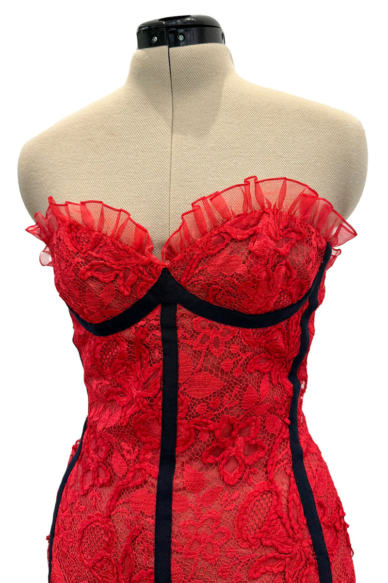 Amazing Spring 1992 Yves Saint Laurent Runway Red Lace Strapless Dress w Grosgrain Detailing