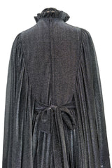 Spectacular 1970s Gina Fratini Metallic Deep Silver Lame Dress w Ruffle Collar & Angel Sleeves
