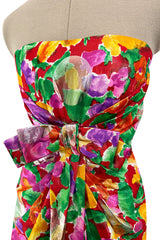 Prettiest 1980s Arnold Scaasi Strapless Metallic Finished Brilliant Floral Print Dress w Bow