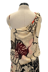 Gorgeous Early 2000s Valentino Roma Bias Cut Floral Print Dress w Bright Pops of Coral Red