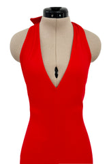 Amazing 1970s Halston Red Jersey Halter Neck Jumpsuit w Open Bare Back & Ultra Wide Legs