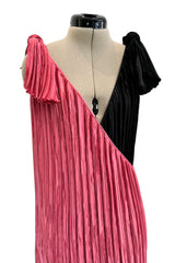 Fantastic Fall 1980 Mary McFadden Couture Salmon Pink & Black Cross Over Pleated Dress