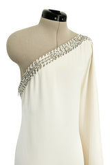 Beautiful 2000s Emilio Pucci Ivory Silk One Shoulder Caftan Dress w Gold & White Beaded Detail