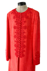 1970s Oscar de la Renta Coral Orange Wide Leg Pant & Long Caftan Tunic Set w Silk Cord Detailing