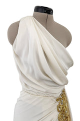 Spring 1990 Hubert de Givenchy Haute Couture Runway Ivory Silk Dress w Gold Metal Detailing