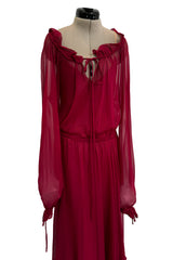 Gorgeous c1974 Halston Silk Chiffon Deep Red Dress w Inner Slip Dress & Full Sleeves