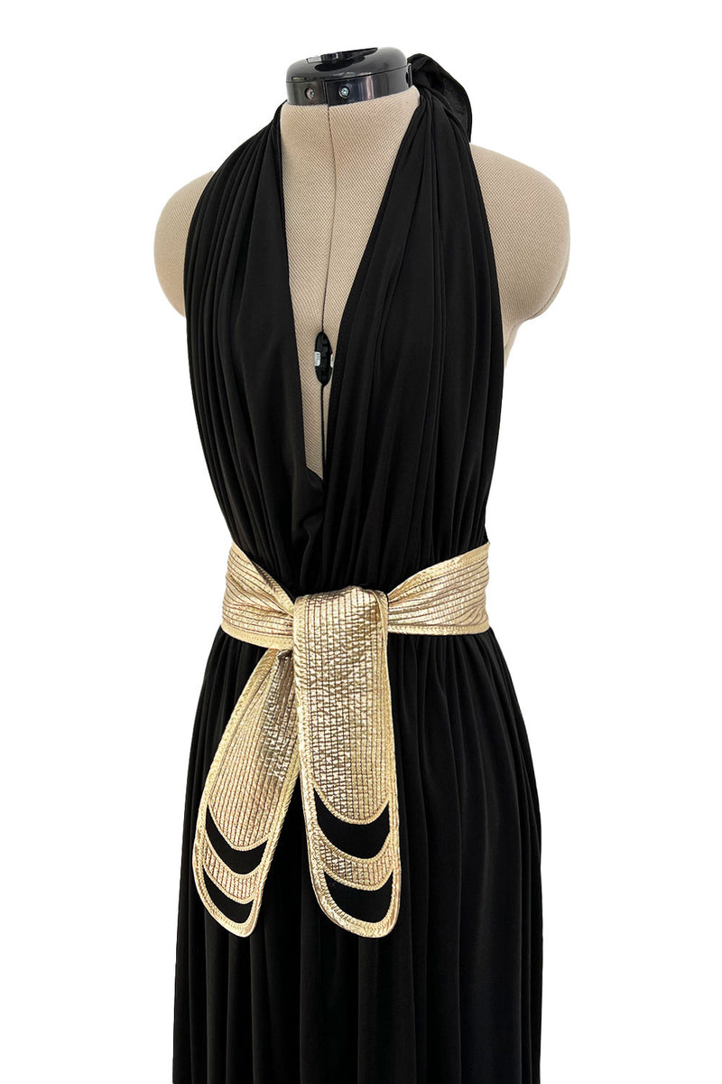 Documented 1981 Bill Tice Plunge Front Black & Gold Nylon Jersey Backless Halter Dress