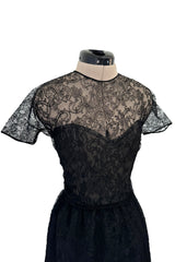 Spectacular Spring 1992 Oscar de la Renta Extremely Fine Black Lace Dress w Tiered Ruffled Full Skirt