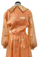 Prettiest 1960s Oscar De La Renta Peach Iridescent Silk Organza Dress w Gold Thread Detailing