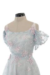Dreamy Luisa Beccaria Pale Turquoise Net Off Shoulder Dress w Pink & Gold Embroidery