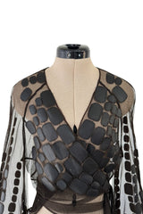 Amazing Spring 2001 Thierry Mugler Couture Runway Brown  Silk Net Wrap Top w Leather Detailing