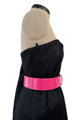 Fabulous 2008 Alexander McQueen Strapless Black Silk Dress w Vibrant Pink Patent Leather Belt