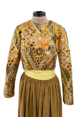 1970s Madame Gres Haute Couture Wide Leg Pant Set w Metallic Gold Part Open Tie Top