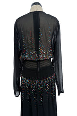 Spectacular 1970s Givenchy by Hubert de Givenchy Black Chiffon Dress w Colored Rhinestones