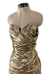 1989 Vicky Tiel Couture Metallic Gold Lame Gathered & Draped Strapless Dress
