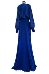 Superb Spring 2013 Yves Saint Laurent Hedi Slimane Debut Runway Blue Dress Silk Chiffon w Matching Cape & Sash