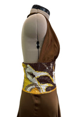 Phenomenal Spring 2005 Original Valentino Runway Look 56 Brown Yellow Floral Print Halter Dress w Sequin Waist Band