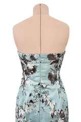 Incredible Fall 2008 Oscar de la Renta Strapless Blue & Silver Grey Floral Silk Brocade Dress