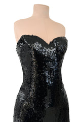 Incredible 1976-1978 Loris Azzaro Strapless Glossy Black Sequin Dress wLayered Net Tulle Skirt