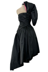 Striking 1980s Arnold Scaasi Couture Black Silk Strapless Dress w Pink Lined Half Bow & Shawl