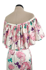 Dreamy Spring 1987 Yves Saint Laurent Off Shoulder Pink Feather & Bow Print Silk Dress