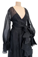 Prettiest 1970s Bill Blass Black Silk Organza Dress w Extensive Ruffle Detailing & Full Puff Sleeves