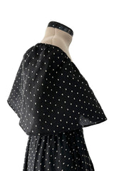Dreamy 1981 Halston White Embroidered Dot on Black Wrap Off Shoulder Dress w Caped Neckline