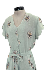 Prettiest 1930s Unlabeled Blue Handpainted Floral Dress Made of Unusual Woven Fabric