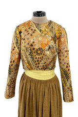 Fall 1970 Madame Gres Haute Couture Wide Leg Pant w Metallic Partially Open Tie Top Set