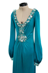 Stunning Spring 1971 Loris Azzaro Deep Turquoise Silk Jersey Dress w Densely Beaded Plunging Front Detail