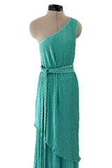 Amazing 1980s Mary McFadden One Shoulder Pleated Two Piece Set Dress w Braided Belt