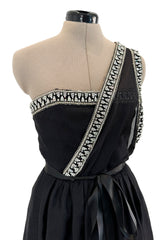 Incredible 1970s Givenchy Demi-Couture One Shoulder Silk Gazaar Dress w Rhinestones Edging