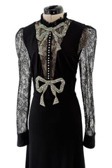 Prettiest 2017 Gucci by Alessandro Michele Black Dress w Lace Sleeves & Iridescent Crystal Bow Detailing