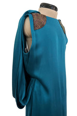 Amazing 1980s Bill Blass Bias Cut Deep Teal Silk Dress w Bead Detailing & Draped Low Back