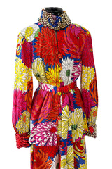 Fabulous 1970s Hanae Mori Bright Floral Print Jersey Pant & Top Set w Beading