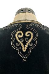Fantastic 1970s Yves Saint Laurent Cropped Boc Cut Black Velvet Jacket w Metallic Gold Cord Detailing